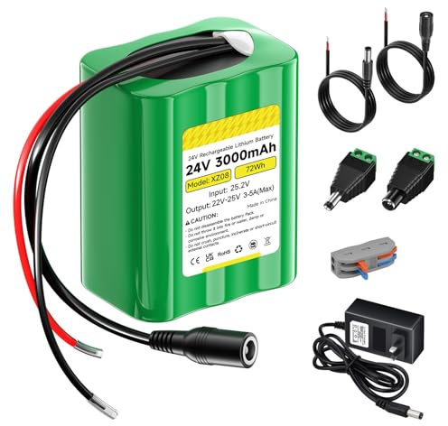 CITYORK 24V Lithium Battery 3000mAh with Charger, Bare Leads, 24 Volt Rechargeable Battery Compatible with 24V Devices, DIY Project, Speakers, RC Car, LED Strip, Toys, Solar Panels, Camcorder, etc
