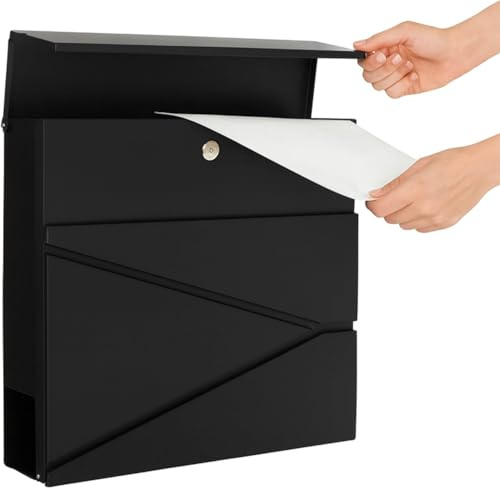 Assorted Collections Wall Mounted Post Box with Newspaper Holder, Lockable with 2 Keys, Modern Design, Easy to Install, 37x10.5x37 cm (Black)