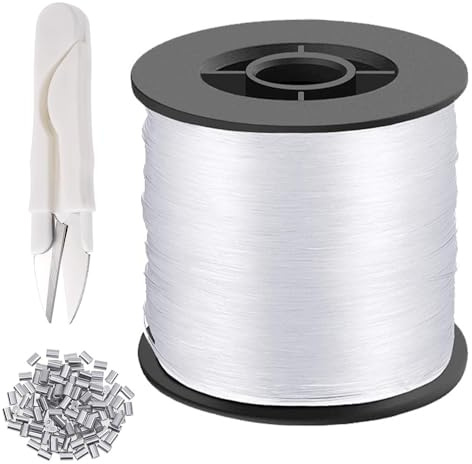 Strong Clear Invisible Hanging Wire, 0.8 mm Clear Nylon Thread, Strong Clear Nylon Fish Wire Clear String Hanging Kit with 120 Aluminum Crimping Sleeves & Scissors for Hanging Decorations(200M)