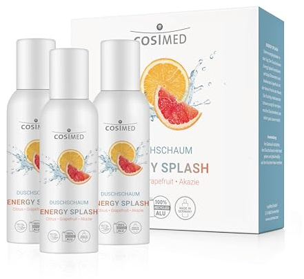 cosiMed Duschschaum Energy Splash – 3 × 100 ml Set | Erfrischender Duschschaum mit Citrus, Grapefruit & Akazie | Sanfte Reinigung & vitalisierender Duft | Nachhaltig & vegan