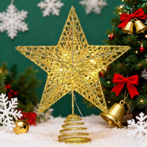 Kaleora Christbaumspitze Stern, 20x25 cm Gold Glitzer Weihnachtsbaumspitze Stern mit LED-Lichterkette, Beleuchteter Weihnachtsbaum Topper für Tannenbaum Weihnachtsbaumdeko Weihnachtsdeko