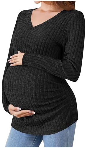 Ropa Premama Embarazada,Cuello V Premamá Tops Camisas de Lactancia Materna de Manga Larga para Mujeres Ajustado Jersey Mujer de Punto Acanalado Suéter Color Sólido Ropa Premamá de Enfermería