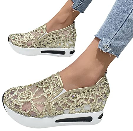 Nuqqichongtian Sneaker da donna con glitter – Sneaker da sposa traspiranti con lacci, scarpe da corsa all'aperto, scarpe da ginnastica con strass, leggere, paillettes metalliche, da donna, con plateau