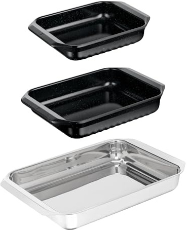 Tefal - Excellence Ceramic Lot de 3 plats à four en et céramique - Inox | Plat four rectangulaire antiadhésif pour gratins et rôtis - Revêtement céramique ultra résistant - Nettoyage sans effort