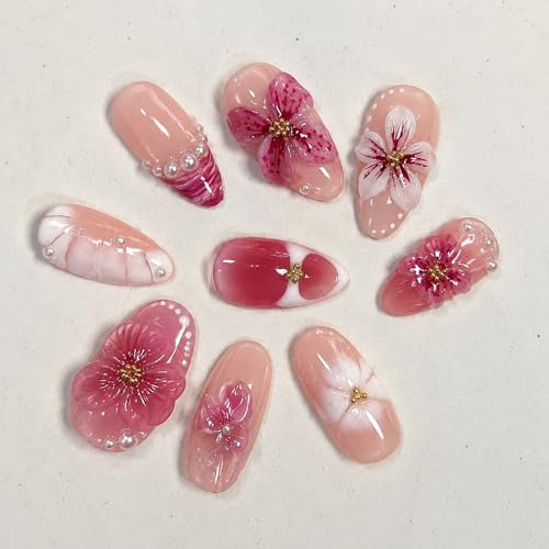 Tastetreasure Lot de 30 faux ongles à coller en forme d'amande avec fleurs 3D et perles, faux ongles roses en acrylique, set de faux ongles en gel à coller avec tampons adhésifs et lime pour femmes