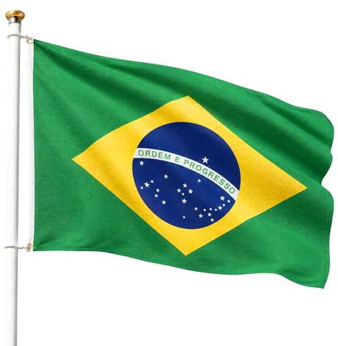 Bandera Brasil 90x150cm, Bandera Brasileña con 2 Ojales de Latón, Brazil flag, Bandera Copa del Mundo, Bandera de País para exterior, Material Poliéster, Resistente al viento y lluvia