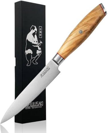 Wusaki Fujiko - Couteau Universel 12cm design japonais lame damas 10CR manche bois d'olivier - Vendu dans un coffret