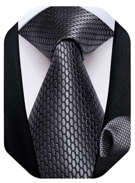 DiBanGu Mens Solid Color Tie and Pocket Square Set Woven Silk Plain Necktie & Handkerchief for Men Wedding Party Formal, Charcoal Grey
