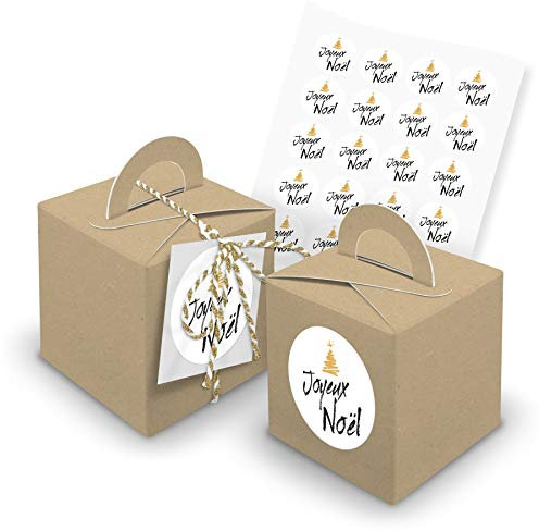 itenga Set 24x Würfelbox mit Griff Braun Gastgeschenk Mitbringsel mit Dekogarn Gold Anhänger Weiß inkl. Sticker Aufkleber Joyeux Noël - Weihnachten Deko Adventskalender Gastgeber