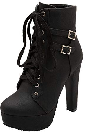 Birdsight Mode Bottine Femme à Lacets Cheville Courtes Hiver Ankle Boots Boucle Plateforme Talon Bloc Carrés Haut Chaussures Chaud Winter Bootie Chunky Heels(Noir,41)