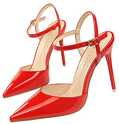 Dammode spetsig hög klack lackläder ankelrem stilett stängd tåklänning flicka sandaler klänning pumps hovskor pumps banskor för fest nattklubb bröllop klack höjd 10,5 cm, Röd, 37 EU