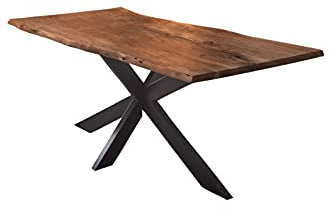 SAM Esstisch 160x85cm Salerno, Akazienholz nussbaumfarben + massiv + lackiert, echte Baumkante, Baumkantentisch, Spider-Metallgestell Schwarz, Esszimmertisch, Tischplatte 35mm