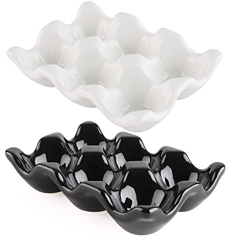 Guador 2 Stücke 6 Raster eierablagen Keramik eierhalter rutschfeste eierbox kühlschrank stoßfest eieraufbewahrung Eierhalter aus Keramik Eiertablett aus Porzellan für zuhause(Schwarz + Weiß)