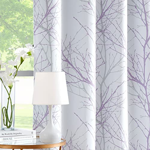 Fmfunctex Blackout Lilac White Thermal Eyelet Curtains 52 x 90 Drop Bedroom | Pair, Modern Botanical Branch Pattern Print Drapes 2 Panels for Living Room, Energy Saving, Room Darkening, Noise Reduction