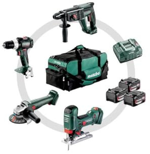 Metabo Combo Set 4.3 Akku-Maschinen im Set 18V (Maschinenset in Tasche: Schlagbohrschrauber Winkelschleifer Kombihammer Stichsäge, 3 Akkus, Ladegerät) # 685214000
