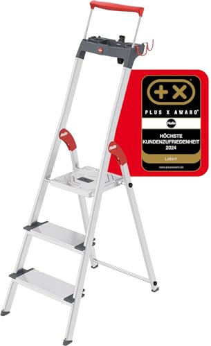 Hailo L84 ComfortLine Alu-Sicherheits-Stehleiter - 3 XXL-Stufen belastbar bis 150 kg - Tiefe Standfläche & Haltegriff - Stehleiter mit Ablage - Aluleiter Made in Germany - Leiter rostfrei - Silber