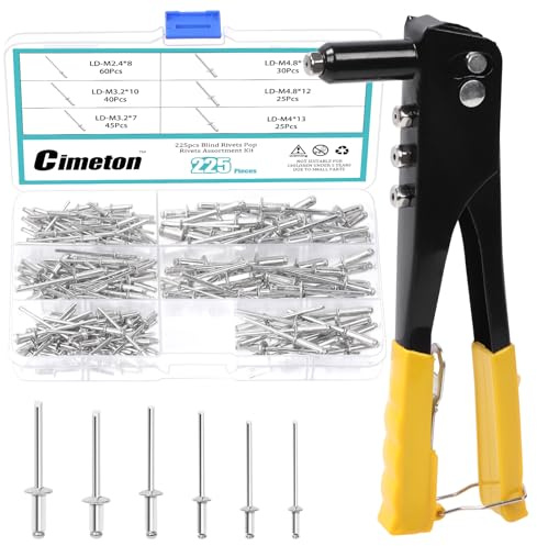 Cimeton 226PCS 6 Sizes Aluminum Blind Rivets Assortment Kit Include 0.09 0.12 0.15 0.18 Metal Flange Blind Rivets 9.5 Heavy Duty Hand Riveter Professional Pop Rivet for Metal Wood Plastic
