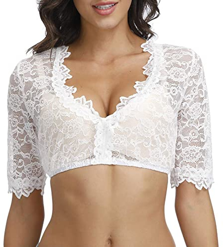 Spitze Dirndlbluse Halbarm Weiß Sexy Dirndl Bluse Rundhals Damen Trachtenbluse