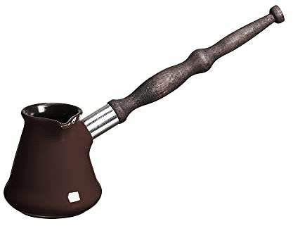 Ceramic Turkish Coffee Pot 130 ml (4.4 oz) Cezve Ibrik Briki Turka Classic, Chocolate Color, with Removable Wooden Handle for Gas Electric Hobs