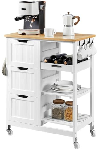 Yaheetech Carrello Cucina con Ruote 3 Cassetti 3 Ripiani in Legno Salvaspazio Bianco Porta Microonde Spezie 67cm x 37cm x 84,5 cm