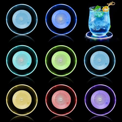8 Stück Bunt LED Leuchtuntersetzer, Wasserdichter Untersetzer, Acryl Runder Leuchtmatte ON/Off Taste Getränke Untersetzer, LED-Baruntersetzer Bierdeckel für Kaffee, Tee, Bier, Milchtee