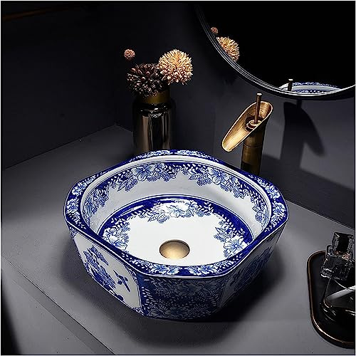 ZTGL Lavabo Rectangle en Céramique, Vasque à Poser, Lave-Mains, pour Salle de Bain, Cuisine, Toilette, WC d'invités, Porcelaine Bleue et Blanche Moderne, 45x40x15 cm,Sink with Faucet