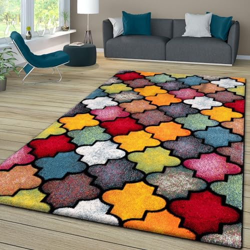 TT Home Wohnzimmer Teppich Bunt Kurzflor Wohnzimmerteppich Meliert 3D Optik Geometrisch, Farbe: Rot Blau Gelb, Größe:200x290 cm