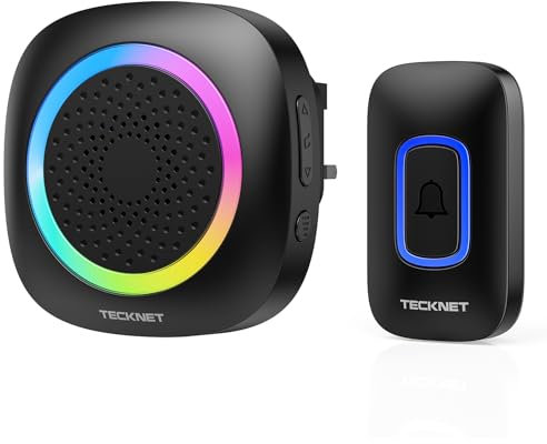 TECKNET Wireless Doorbell, IP66 Waterproof Plug in Doorbell with RGB Light, 400M/1,300 Feet Long Range Door Bells Wireless Cordless, Door Chime Kit with 60 Melodies & 5 Levels Volume (Black)