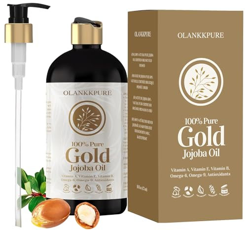 OLANKKPURE Olio di jojoba biologico 16 oz - Olio per massaggio di jojoba puro e naturale al 100% per capelli, pelle, corpo e viso, naturalmente spremuto a freddo, non raffinato, olio per massaggi
