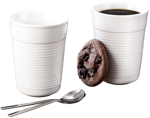 K-fee doppelwandige Kaffee-Tassen, 2x 366 ml Kaffeetassen mit 2 Löffeln aus Edelstahl, Kaffeebecher, Latte Macchiato, Kakao, Tee, aus hochwertigem Porzellan, spülmaschinengeeignet
