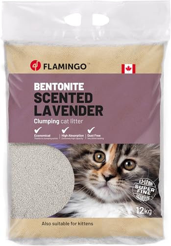 Flamingo Katzenstreu - katzenstreu klumpstreu - Lavendelduft - 12L (12KG) für 10 Wochen - Herkunft Kanada - auch für Kätzchen - mit superfeiner Körnung - Ideal für 1 oder mehrere Katzen