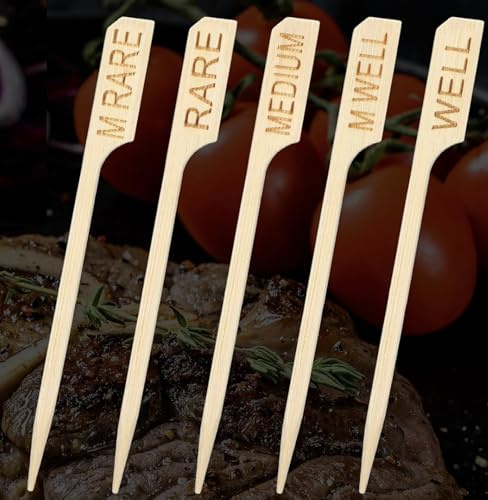 Bamboo Steak Markers, 500 Skewers 9cm 3.5 Gun Paddle Picks 100pcs per Pack Wooden - Total 500 pcs 100 Rare 100 M Rare 100 Medium 100 M Well 100 Well