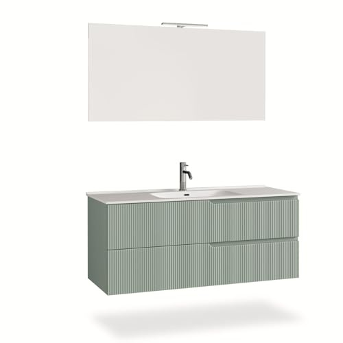 AQA DESIGN mobile bagno composizione 4 pezzi, mobile bagno con lavabo, base sospesa con frontali in MDF cannettato, set mobili bagno nr2 cassetti - Verde - 121x46,5x190 cm