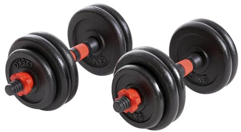 Hansson Sports® Set di 2 manubri corti in ghisa, 15 kg/20 kg/25 kg, manubri e chiusure a stella zigrinate, 25 mm, nero/rosso (C:25 KG)