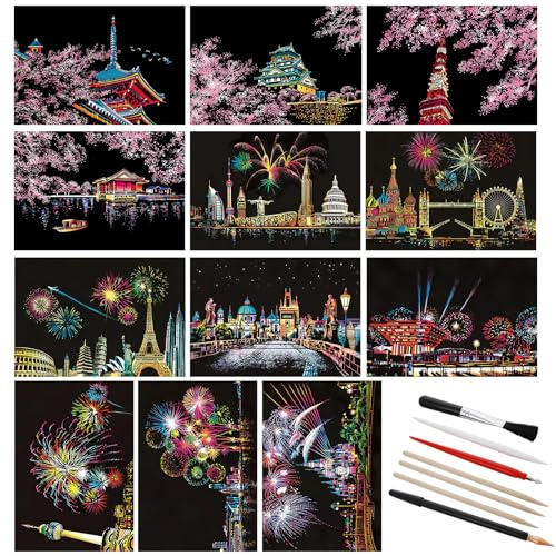 Lusofie 12 Fogli Neri da Disegno Urban Scratch Paper Magic Scratch Art Paper and Pen Set Scratch Art Paper per Artigianato Fai da te Home Decor Art Project Games (Stile 2)