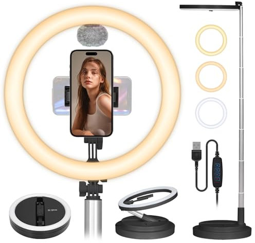 TARION Foldable Ring Light with Stand - Upgraded 12in Selfie Ringlight with Phone Holder & Cold Shoe Mount Adjustable Height & Brightness Tall Ring Light for Live Streaming Video Making Black Y3