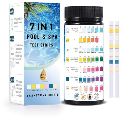 Pool Teststreifen Ph und Chlor : 150 Stück 7 IN Pool Wassertester Genau und Einfach zu Prüfen PH, Bromine, Freies Chlor,Gesamtalkalität, Gesamtchlor, Gesamthärte, Cyanursäure