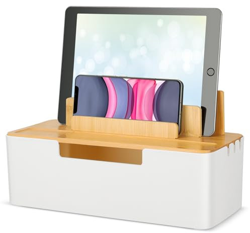 CRROEL Cable Tidy Box,Cable Management Box with Dual-purpose Lid for Phones/Tablets/Smartwatches/Book, Desktop Cord Organizer for Tidy Workspace (White)