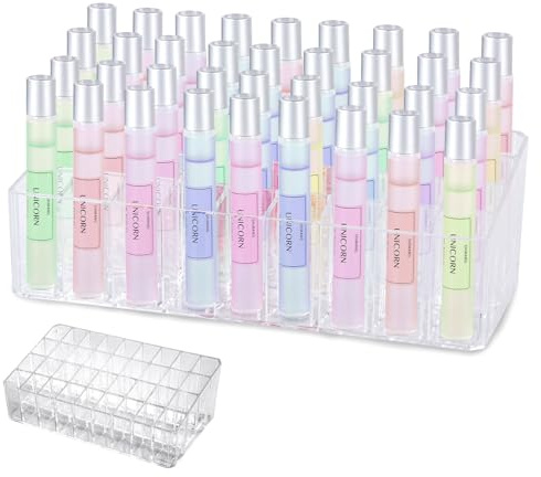 IPENP Rollerball Perfume Organizer, Beauty Scent Holder, 36 Space Clear Acrylic Perfume Organizer Refillable Container Tall Scented Oil Storage Display Case, Makeup Lipgloss Lipstick Display Case