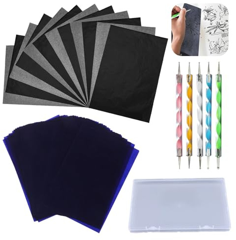 YDAKGUEY Transferpapier A4, 200 Blatt Graphitpapier Blaupapier mit 5 Prägestiften & Aufbewahrungsbox, Wiederverwendbares Pauspapier für Holz, Papier, Leinwand, Tattoo, Kunst & Handarbeit