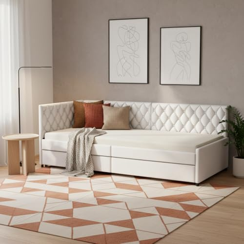 Lietre Polsterbett Schlafsofa Ausziehbar 90/180 x 200 cm, Einzelbett Daybed, Jugendbett Schlafsofa mit Lattenrost, Schlafcouch Ausziehbett Gleiche Höhe Bett, Samt, Ohne Matratze (Beige-A)