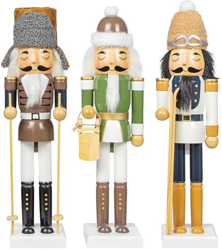 KI Store 3 Stuck 38cm Holz Weihnachten Nussknacker Figur Schlitten ski Schlittschuh Deko, Deko Nussknacker Figur für Zuhause Weihnachtsschmuck