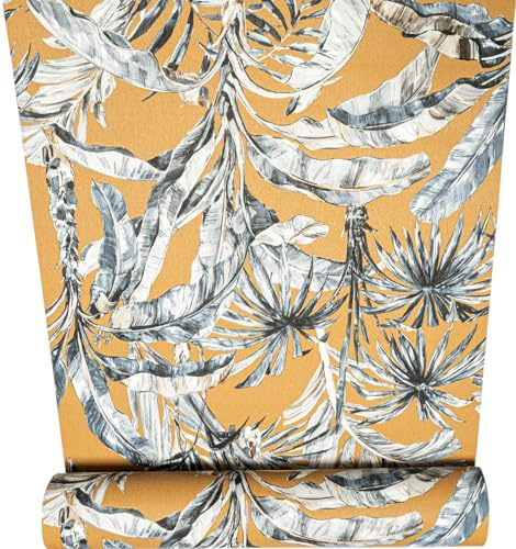 SOPHIE LAURENCE Mustard Yellow Floral Wallpaper – Grey & White Tropical Banana Leaf Design, Textured Vinyl Feature Wall Roll (53 cm × 10.05 m)