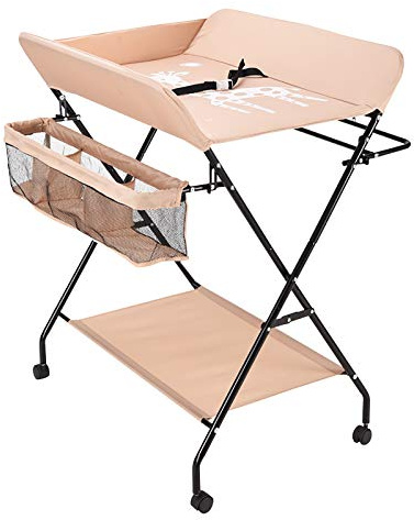 Wickeltisch Badewanne, Klappbarer Wickeltisch, Mobiler Wickeltisch, Wickeltisch mit Seitlichem Aufbewahrungskorb, Wickelauflage für Babys bis zu 12 Monaten (Khaki)
