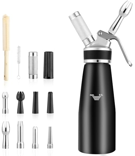 Whipped Cream Dispenser, 500ml Black – Includes 8 Decorating Nozzles, 2 Cleaning Brushes & 2 Charger Holders – Ideal for Desserts, Coffee, Pastries (N₂O Chargers Not Included)