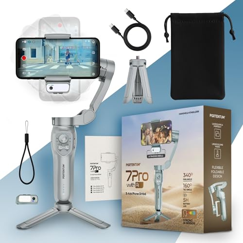 PORTENTUM 7 Pro Stabilisateur Smartphone avec Module IA de Suivi Autonome – Gimbal à 3 Axes Pliable avec trépied – Stabilisateur iphone et Android – App optionnelle – vlog Youtube TikTok