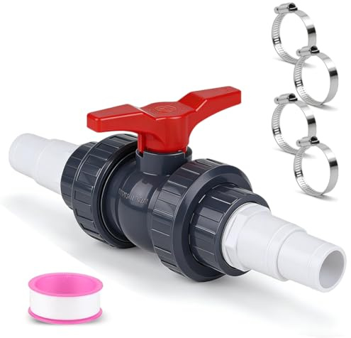 Kugelhahn mit Schlauchverbinder, PVC Absperrhahn Inkl. 1 Absperrhahn 1 1/2 (50 mm) und 2 Schlauchtüllen 32-38 mm, Pool Absperrventil Kugelventil, Pool Adapter Kugelventil für Poolschlauch Verbinder