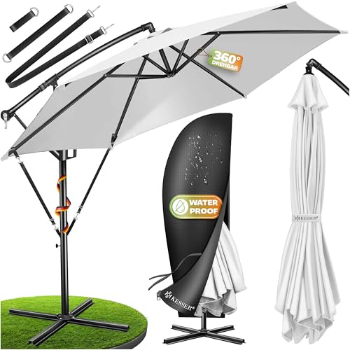 KESSER® Sonnenschirm Ø 300 cm, Ampelschirm mit Kurbel, für Balkon, Terrasse & Garten, Sonnenschutz, Gestell & Ständer aus Alu, UV-Schutz, wasserdicht + Windfest, 360° Funktion + Schutzhülle, Weiss