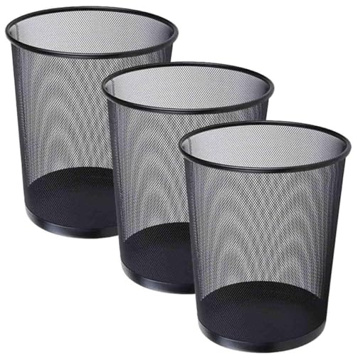 livexa 3 Pack Metal Mesh Waste Paper Bin 12 Litres Lightweight Mesh Wastebasket Waste Bin Black Metal Rubbish Bin for Bedroom, Office, Bathroom, Kitchen (3x Black)
