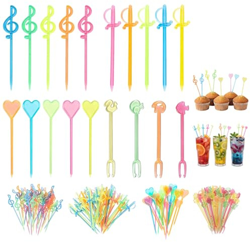 200 púas de plástico para Frutas para cócteles y Aperitivos, Pinchos Decorativos Multicolor para Bebidas y Comida con Formas de Animales, Corazones, Notas Musicales y Espadas, Palillos para Fiesta